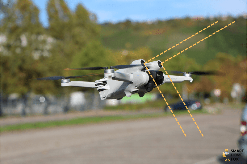 Die vorderen Hindernissensoren der DJI Mini 3 Pro erkennen Hindernisse vertikal in einem 90° Winkel.